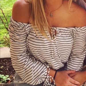 Free People Navy Stripe off the shoulder blouse